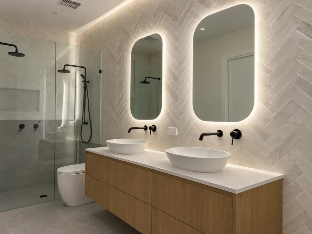 Custom mirror and shower screen in a bathroom